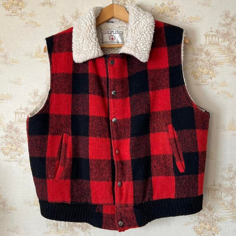 80s Union-Made Western Sherpa Lined Buffalo Check Plaid Wool Vest Size M